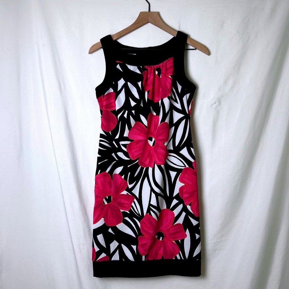 Dressbarn Womens Tropical Floral Sleeveless Sheath Dress Size 6 Pink Black White